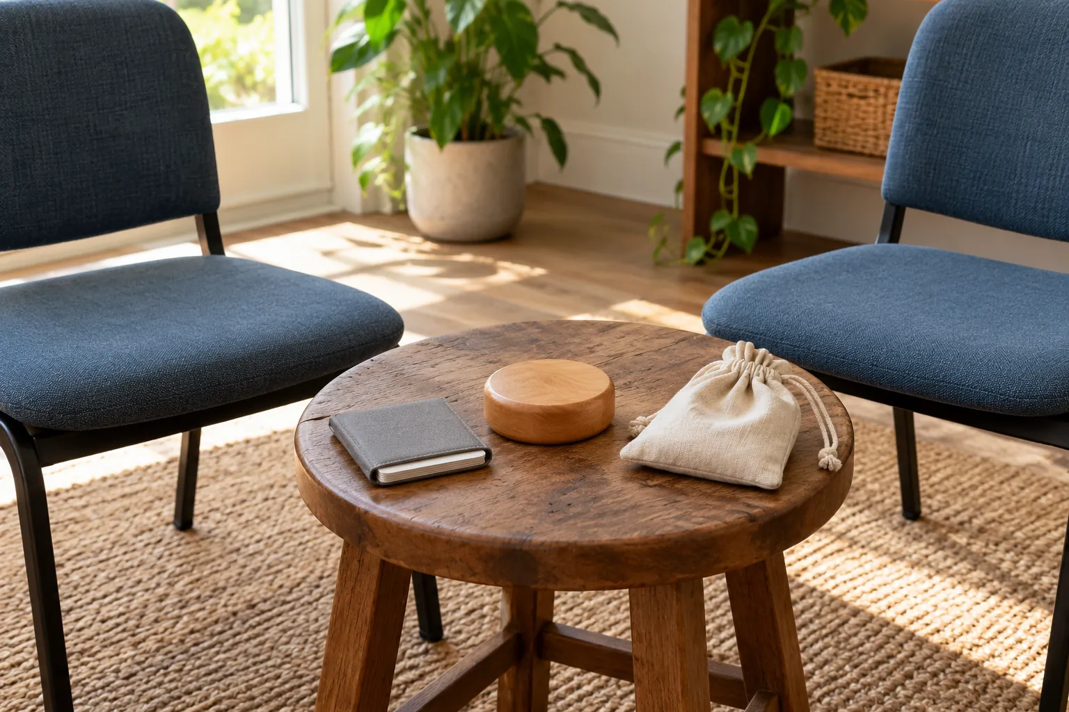 Illustration: A wooden turn token, role-card wallet and voting-disc bag between empty chairs.