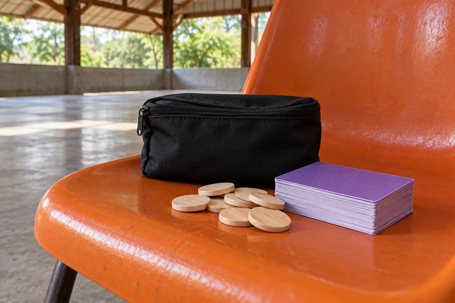 A closed black pouch, a stack of plain violet-backed cards and wooden voting discs rest on an orange molded seat in an empty covered community pavilion, viewed close.
