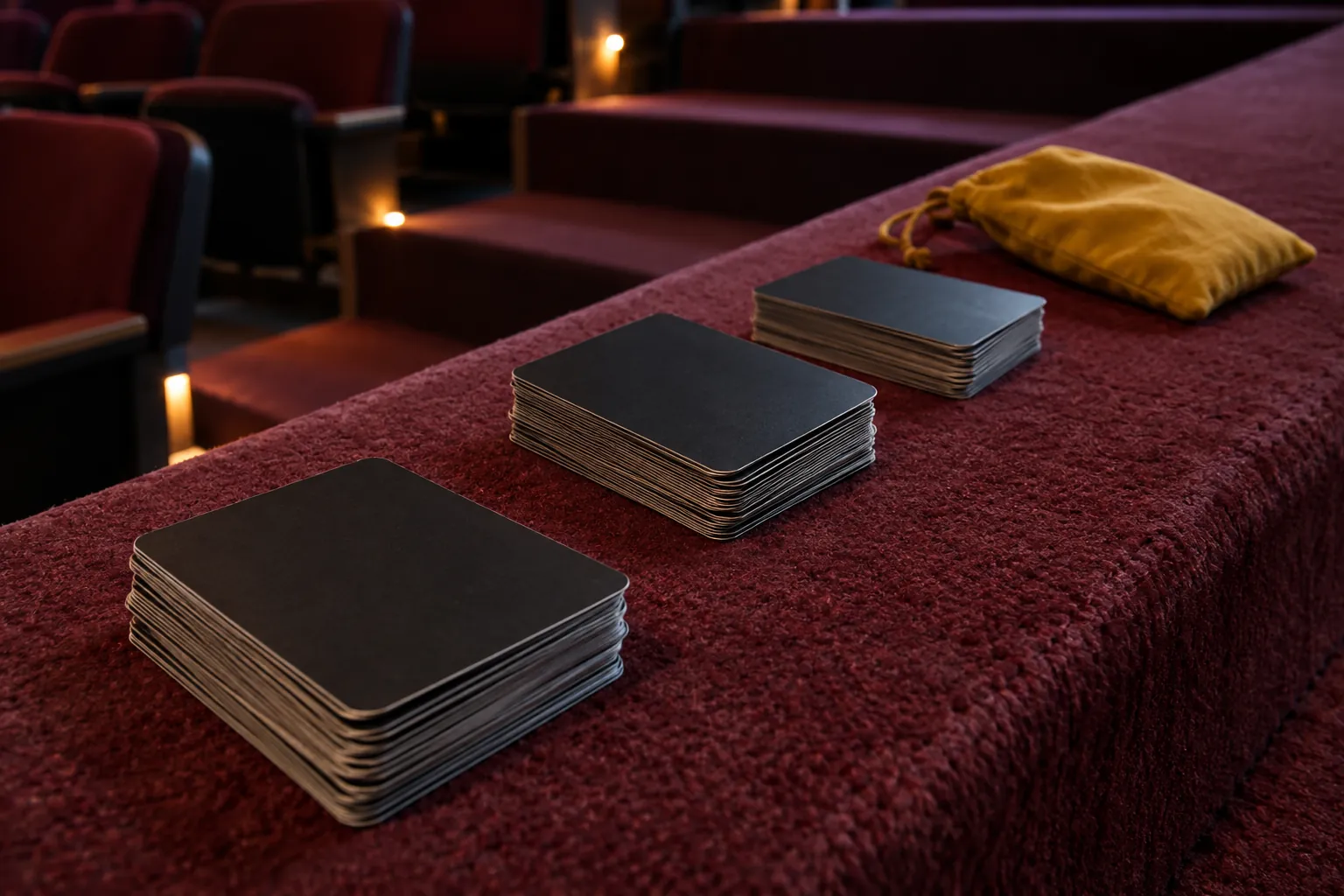 Plain-backed role cards on a burgundy seating riser.