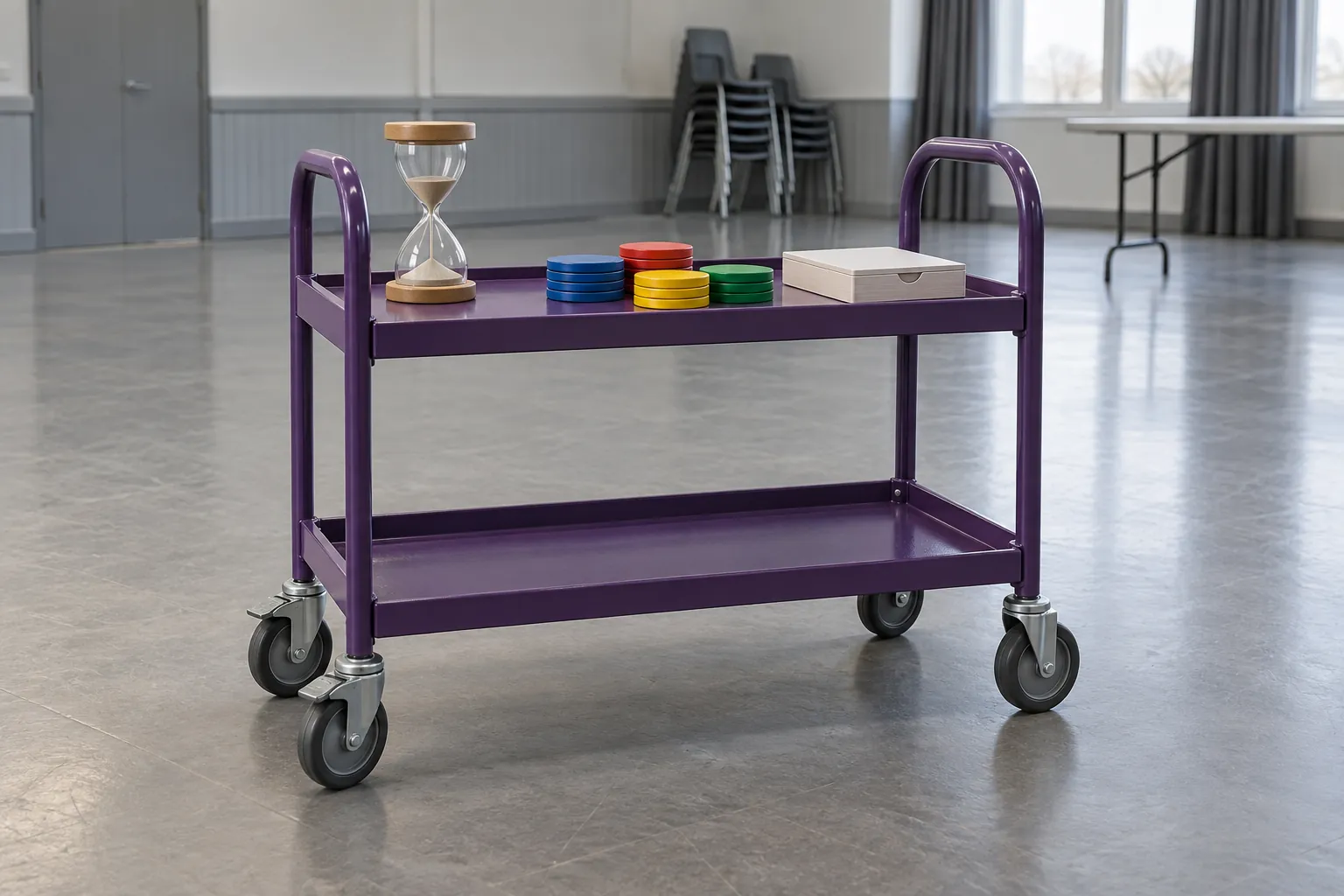 Illustration: A purple trolley carrying a moderator timer and blank game pieces.