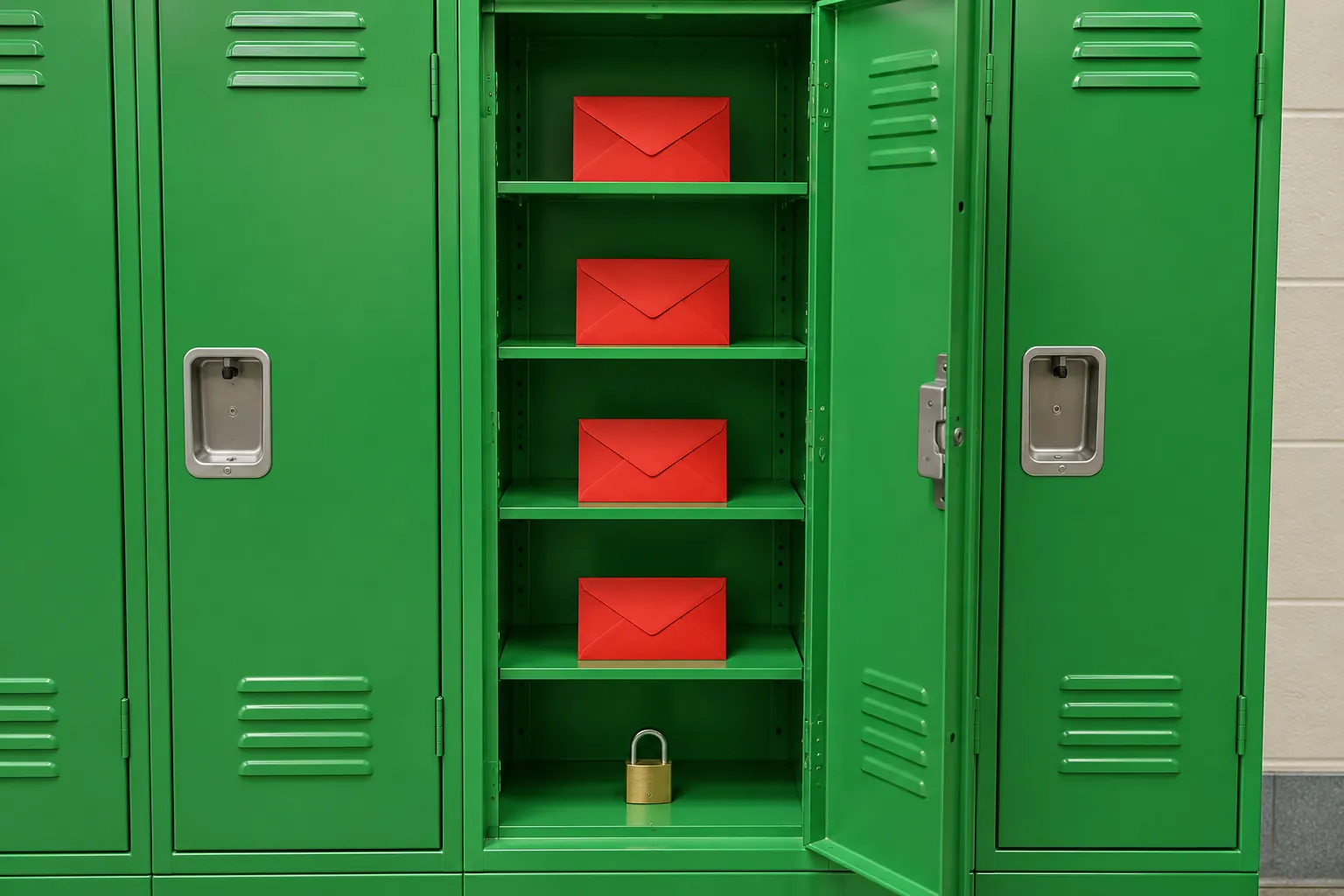 Illustration: Plain sealed envelopes and a padlock inside an open green locker.