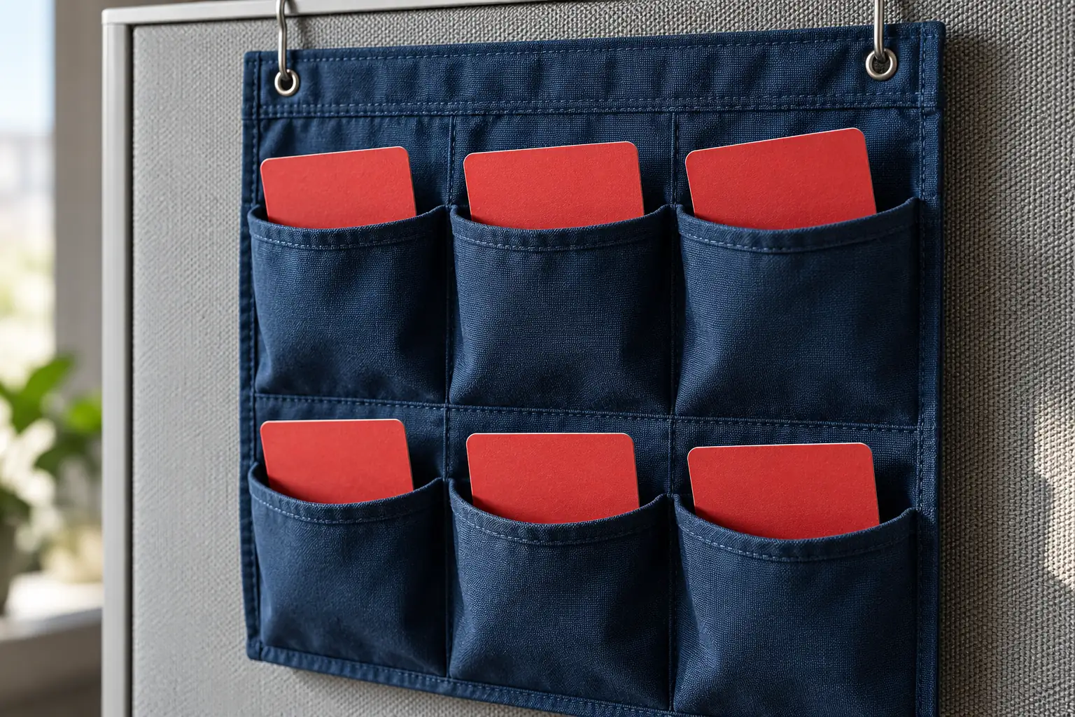Illustration: Plain-backed role cards tucked into a blue fabric pocket organizer.