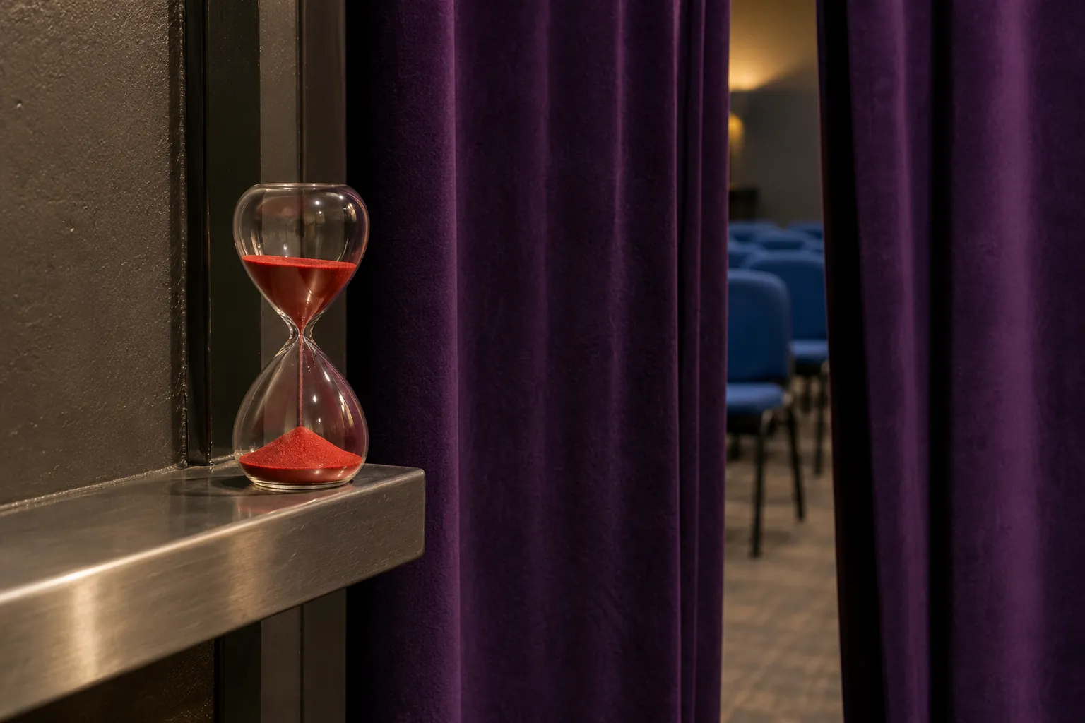 Illustration: A red sand timer beside a curtained games-room doorway.