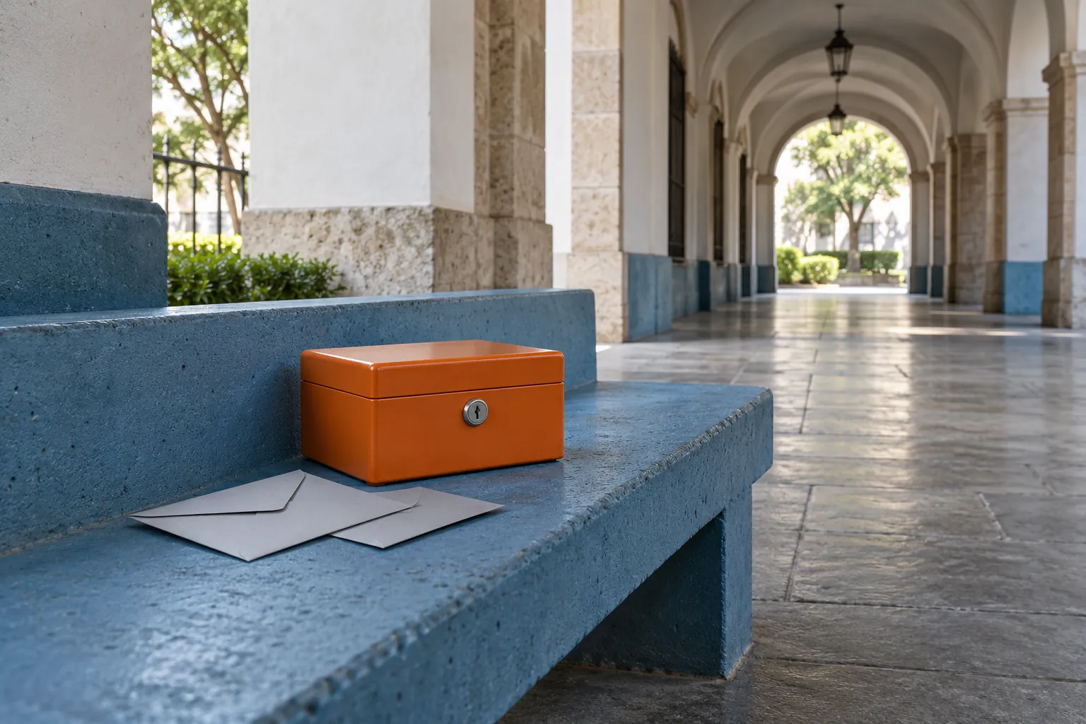 Illustration: An orange locked box and blank envelopes on a blue arcade bench.