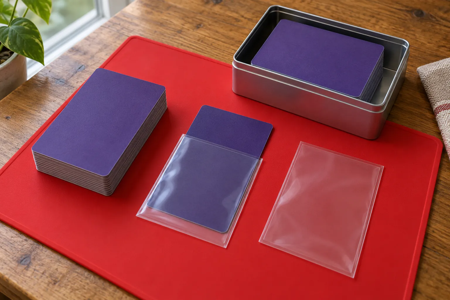 Illustration: Plain role cards and clear sleeves on a scarlet preparation mat.