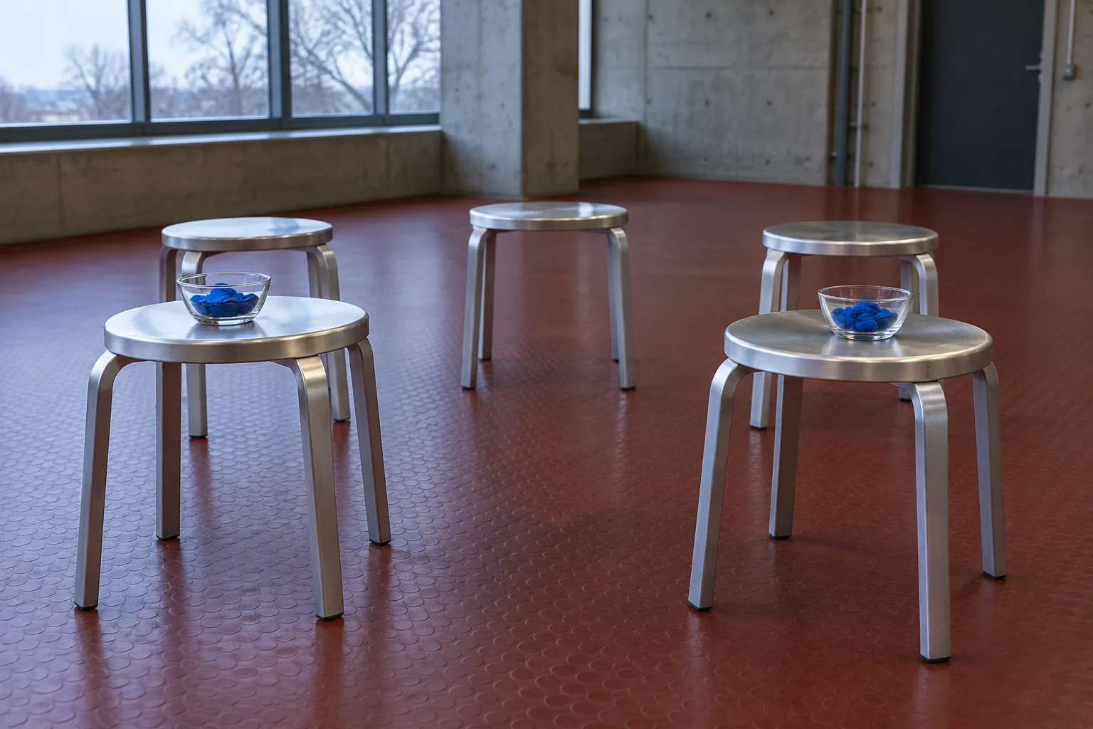 Illustration: Aluminum stools and bowls of blue voting stones in an empty room.