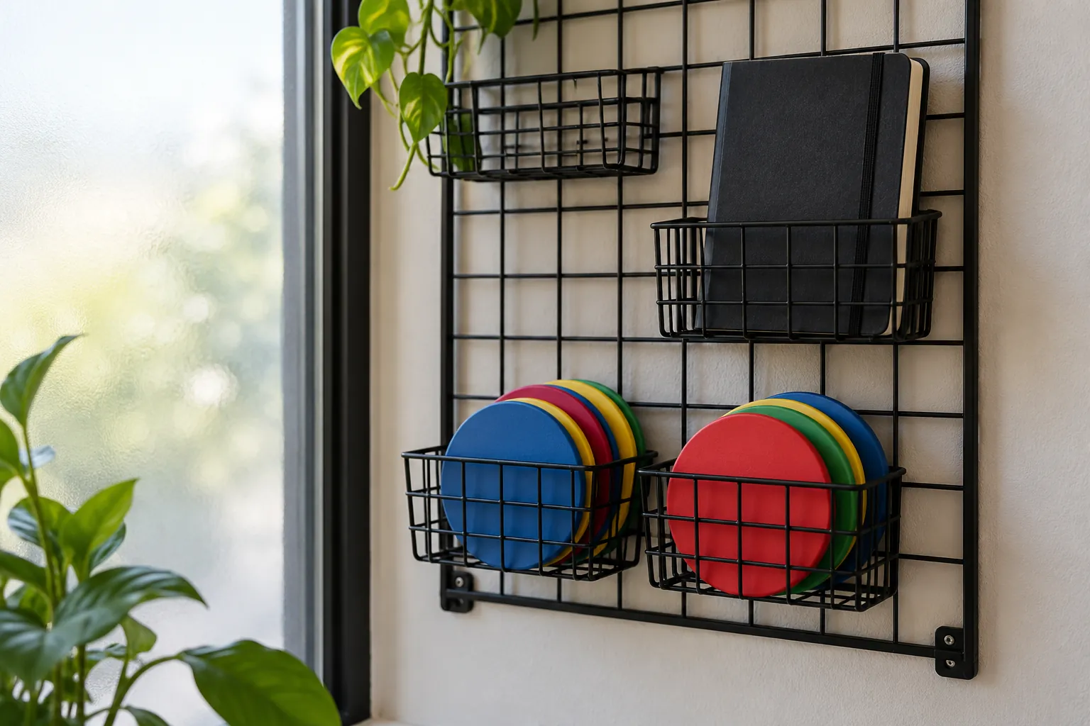 Illustration: Colored round markers and a blank notebook in a wall grid organizer.