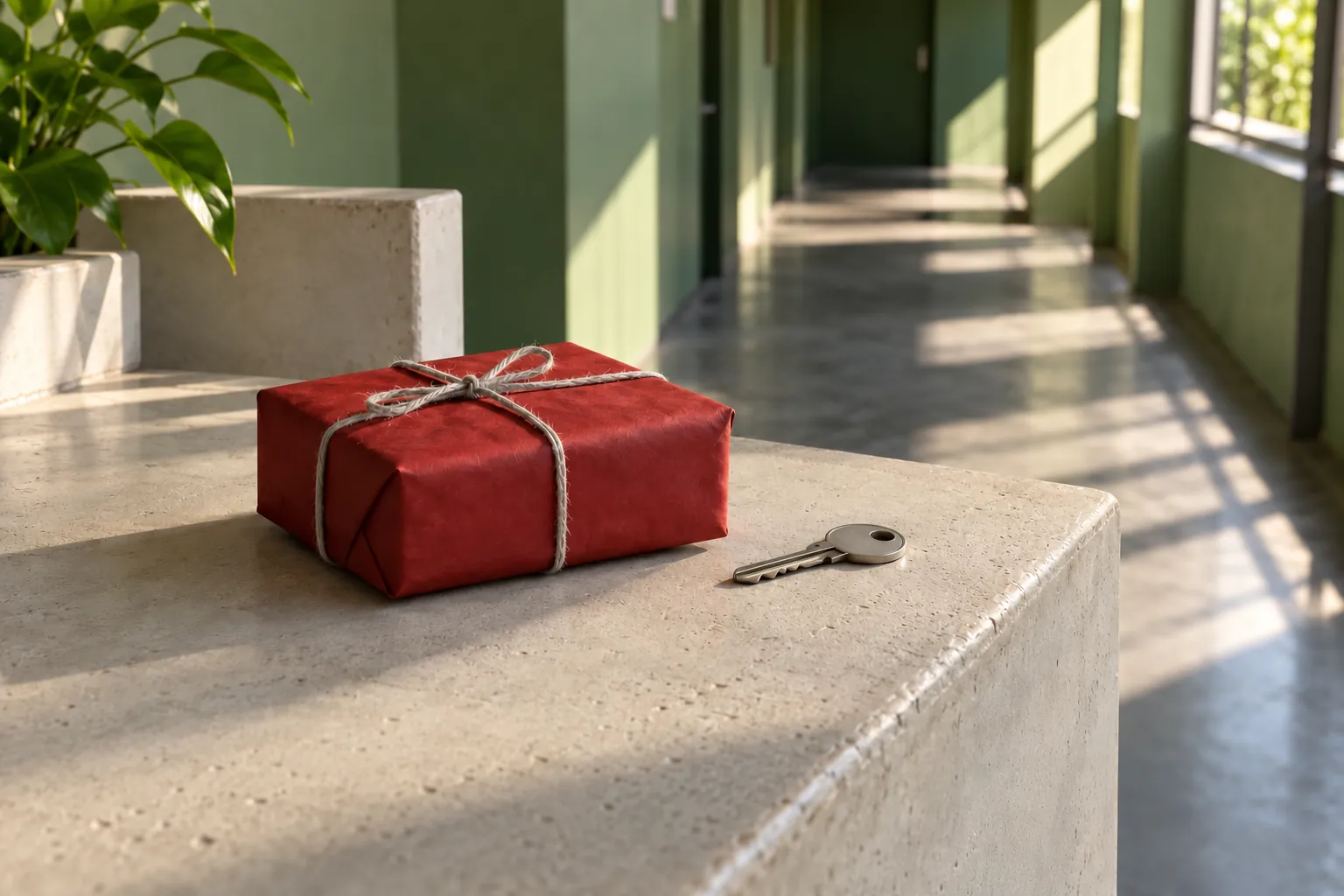 Illustration: An unmarked red puzzle parcel and metal key on a concrete ledge.