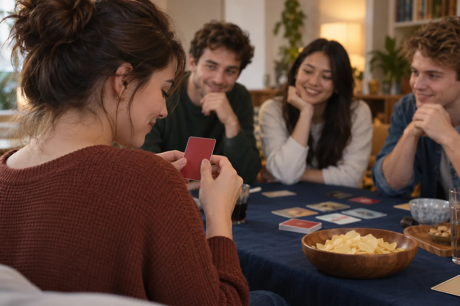 Illustration: A player privately checks a hidden-role card during a group game.