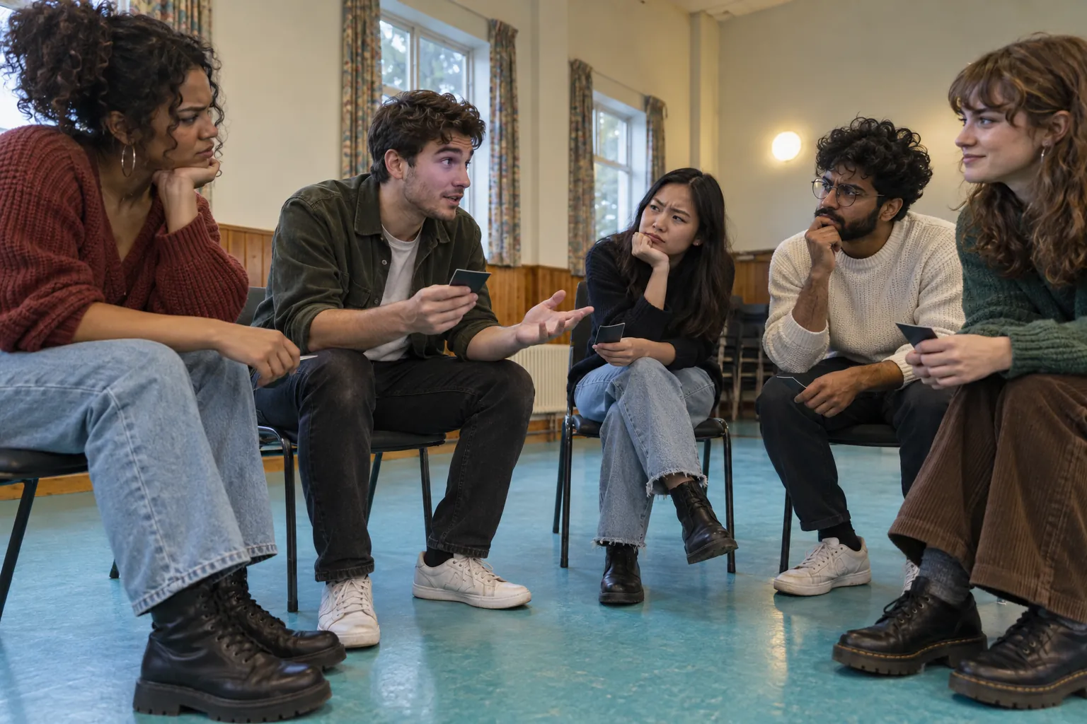 Illustration: Young adults discuss a decision during a social deduction game.