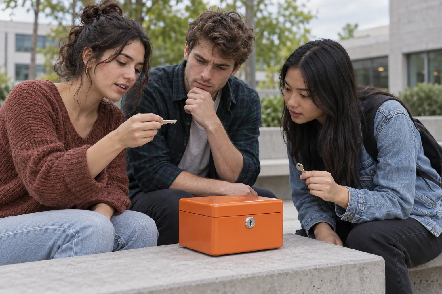 Illustration: Young adults consider two keys beside a small mystery-game lockbox.