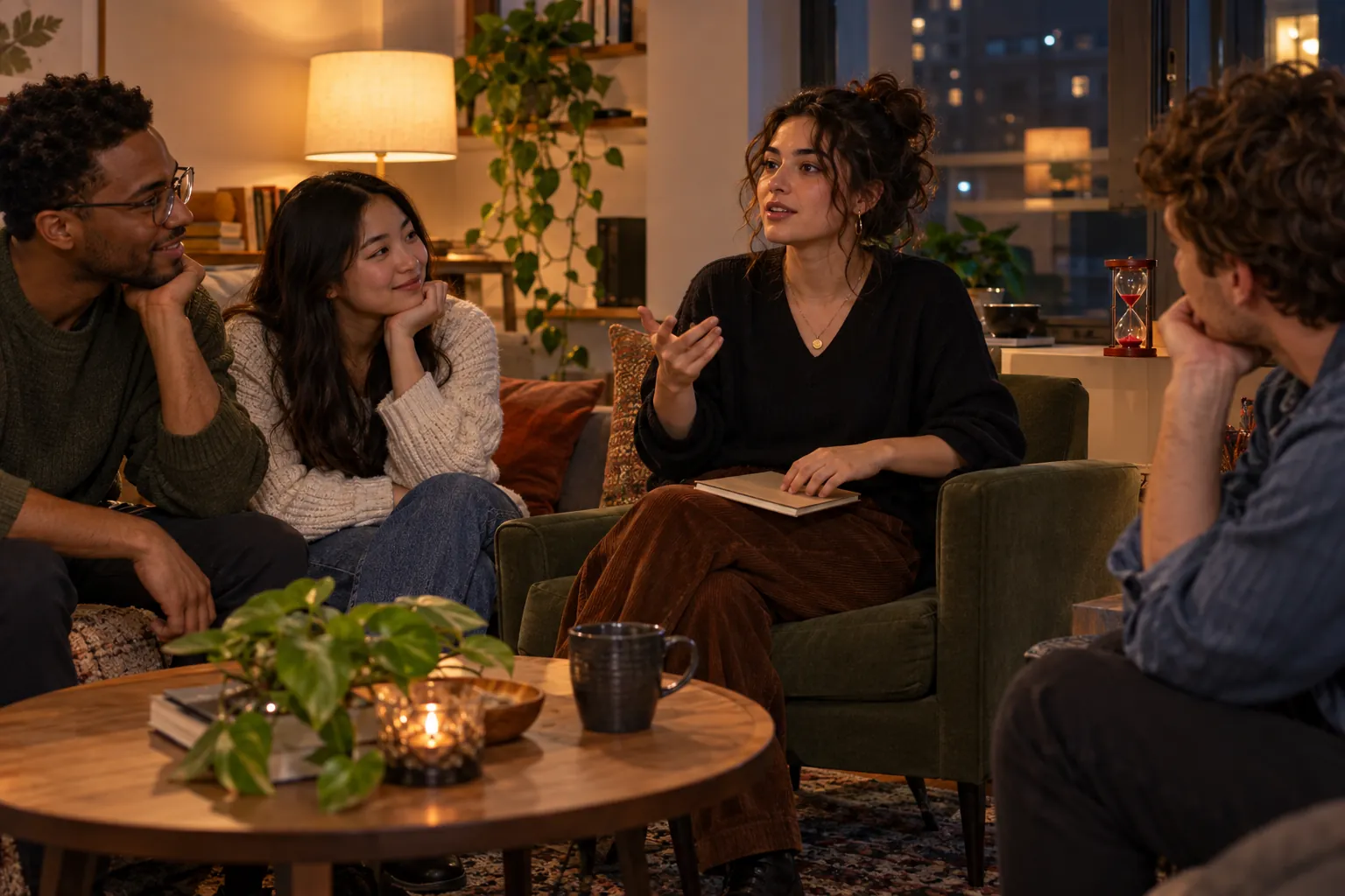 Illustration: Young adults listen during a moderated storytelling game.