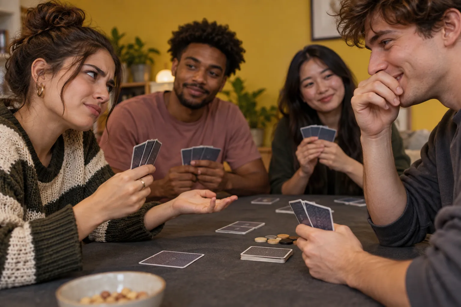 Illustration: Young players react to a theory during a social deduction game.