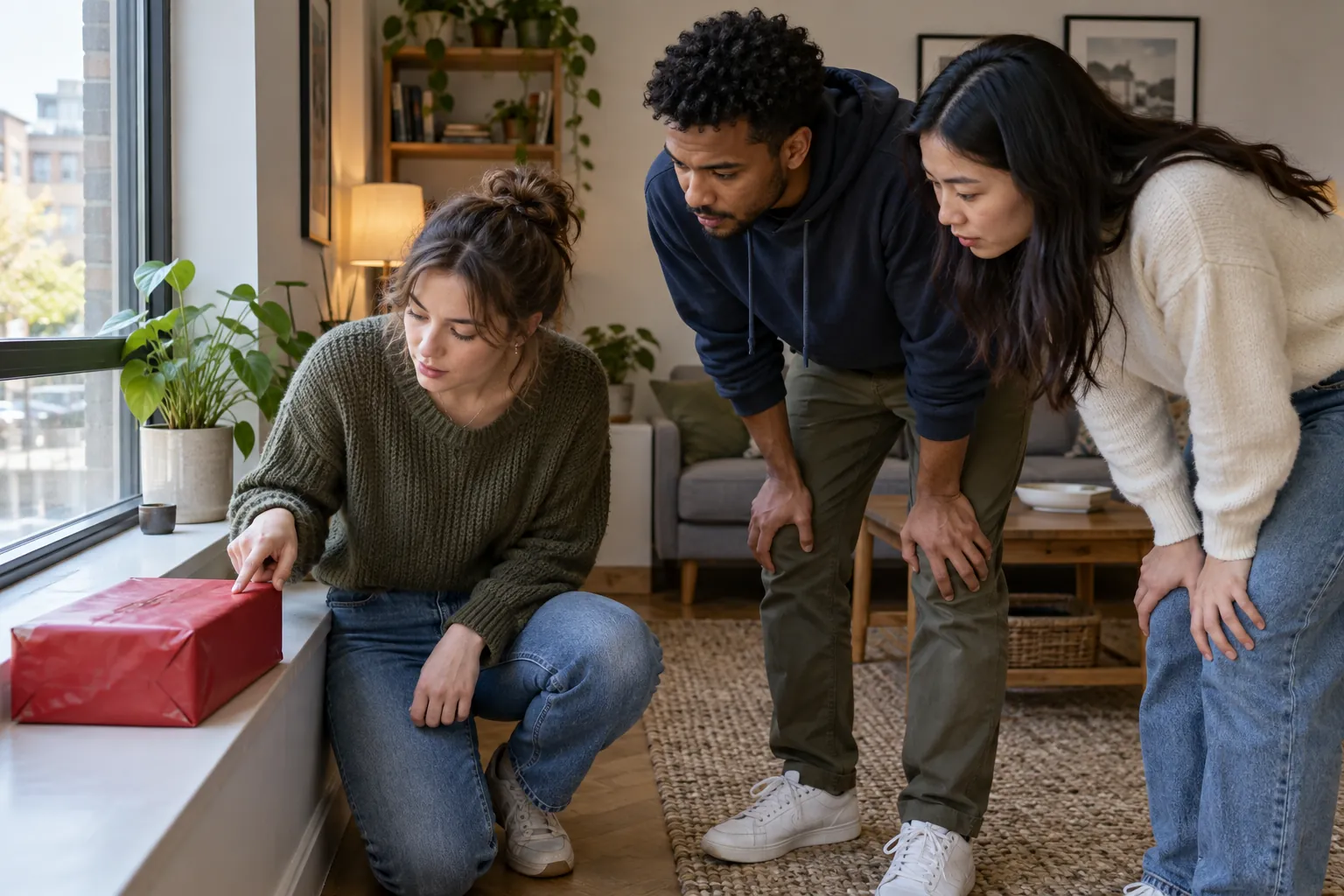 Illustration: Three young adults discover a parcel during a social mystery activity.