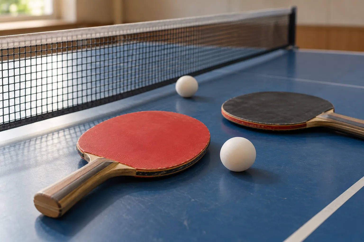 Illustration: Two table-tennis paddles and white balls beside the net.
