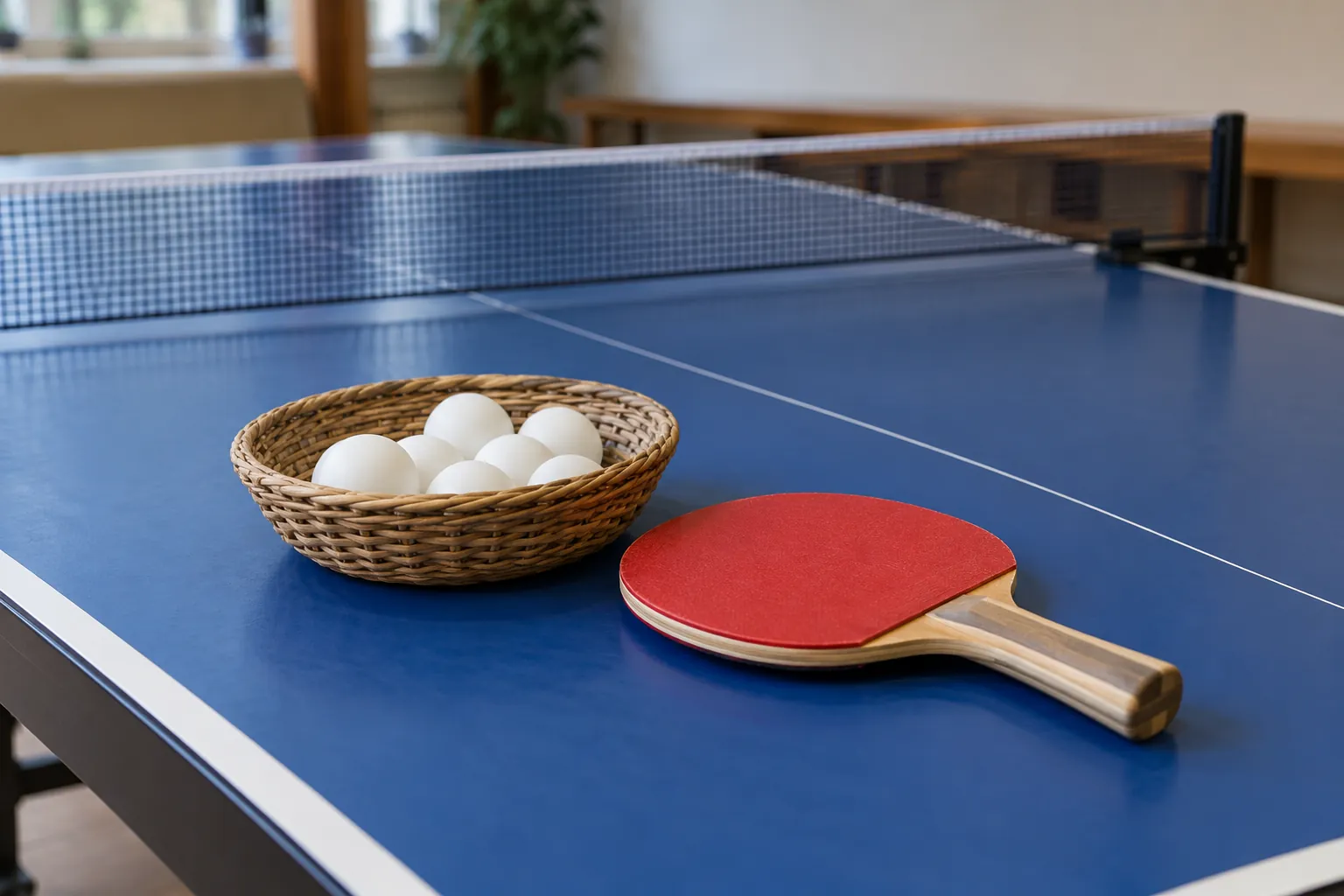 A practice basket of white table-tennis balls beside a paddle.