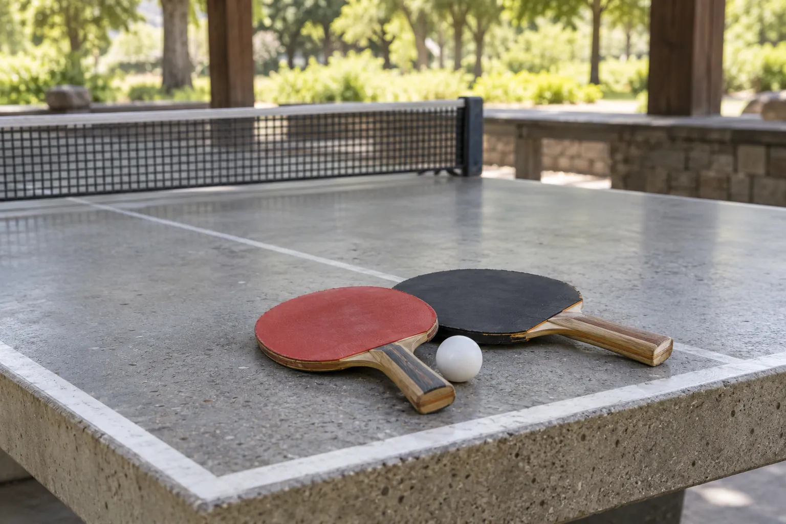 Illustration: Table-tennis paddles and a ball on a concrete park table.