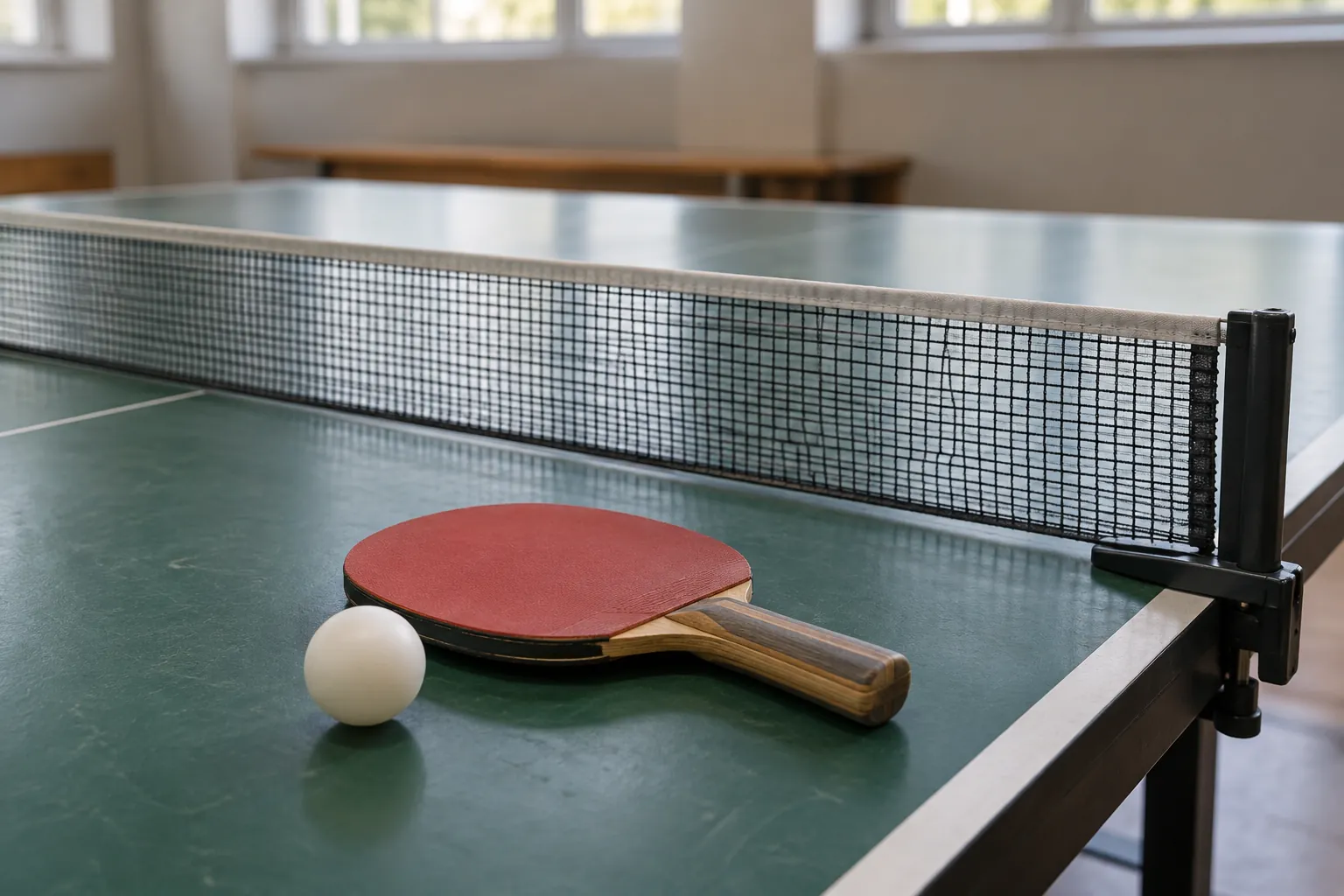 Illustration: A paddle and white ball beside a table-tennis net clamp.