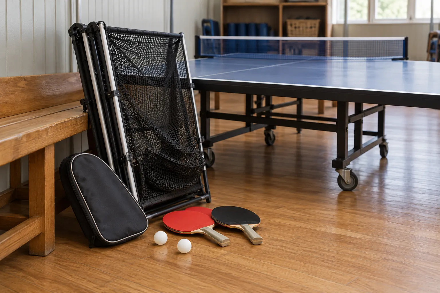 Illustration: A folded ball-catching net and paddle case in a practice room.