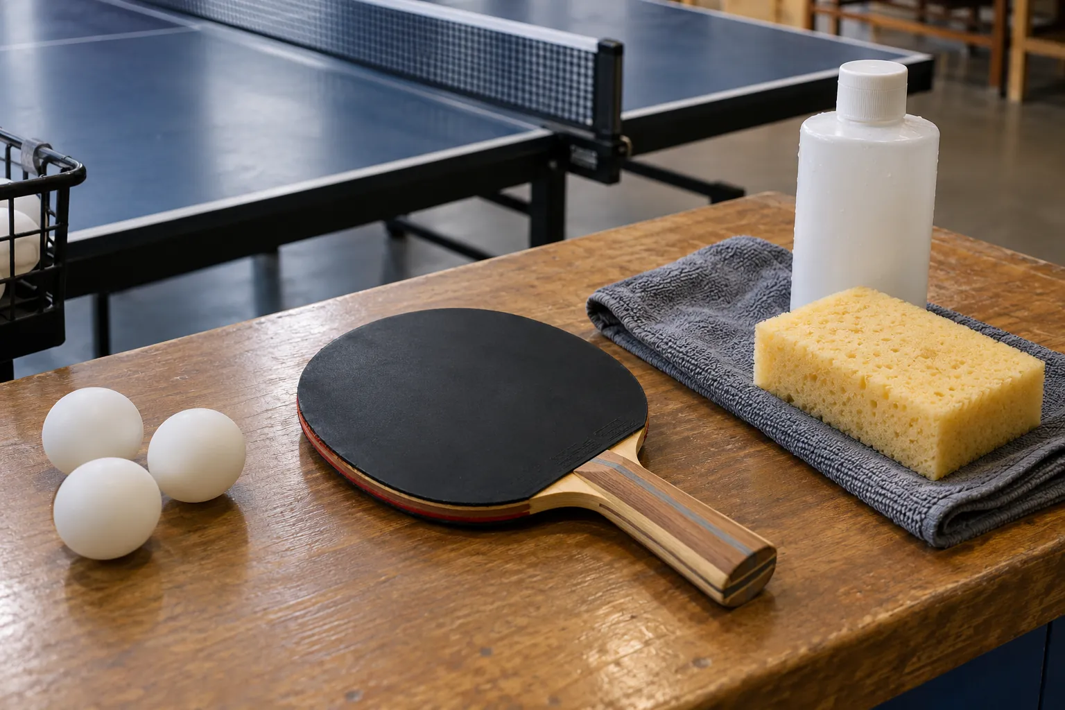 Illustration: A table-tennis paddle, sponge and cleaning bottle on a cloth.