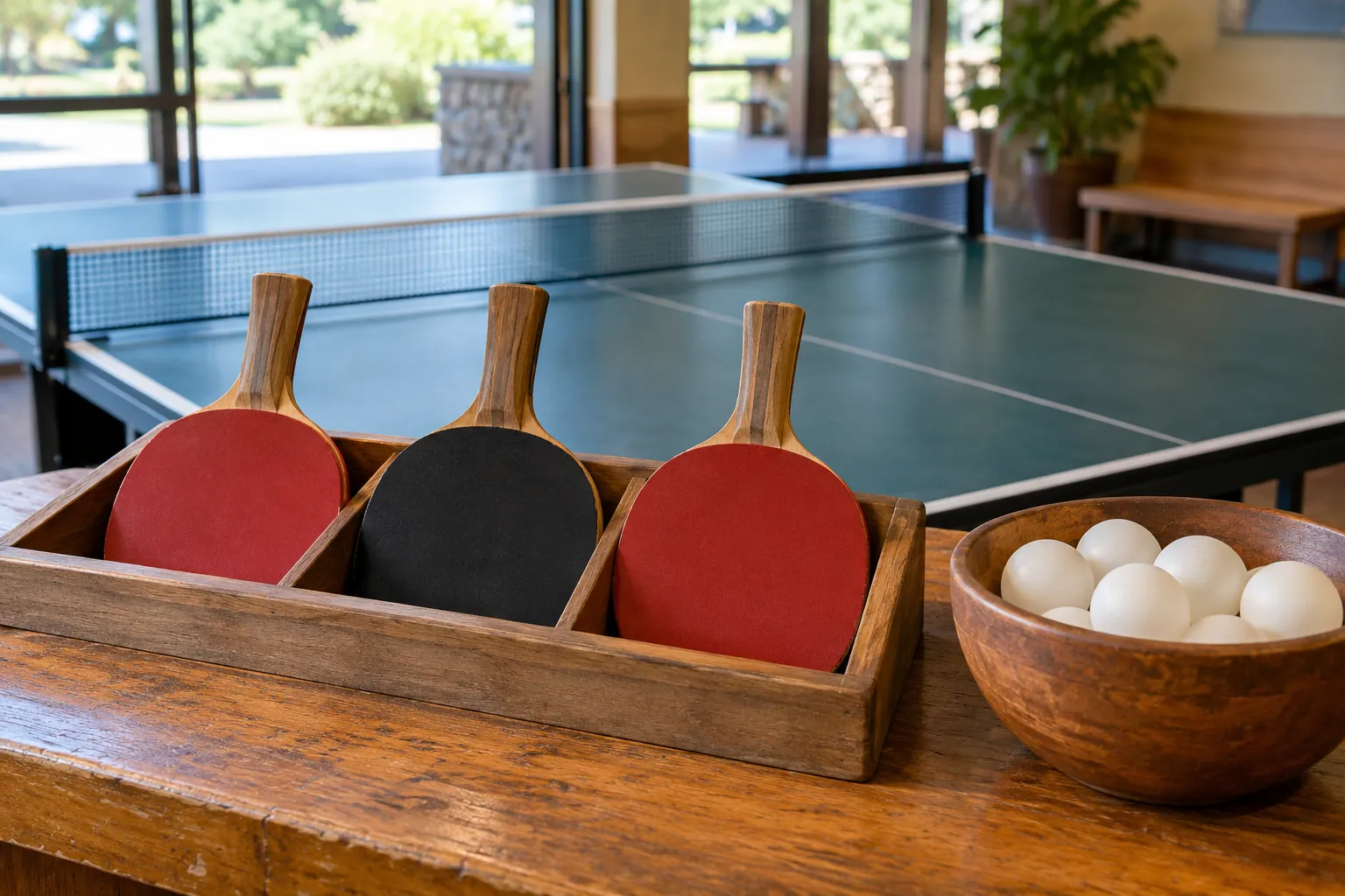 Illustration: Loan table-tennis paddles and white balls at a counter.