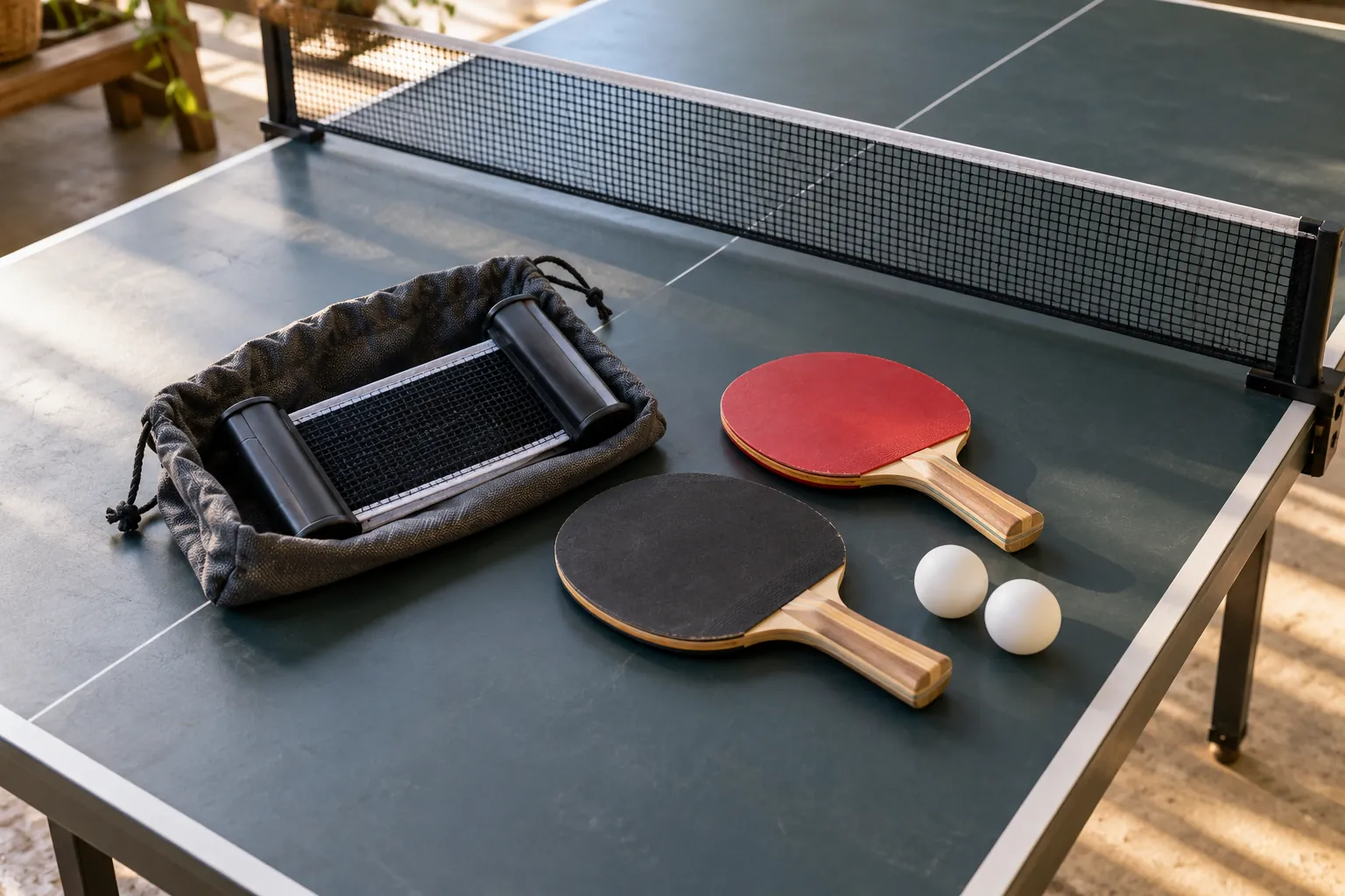Illustration: A portable table-tennis net and paddles in a fabric pouch.