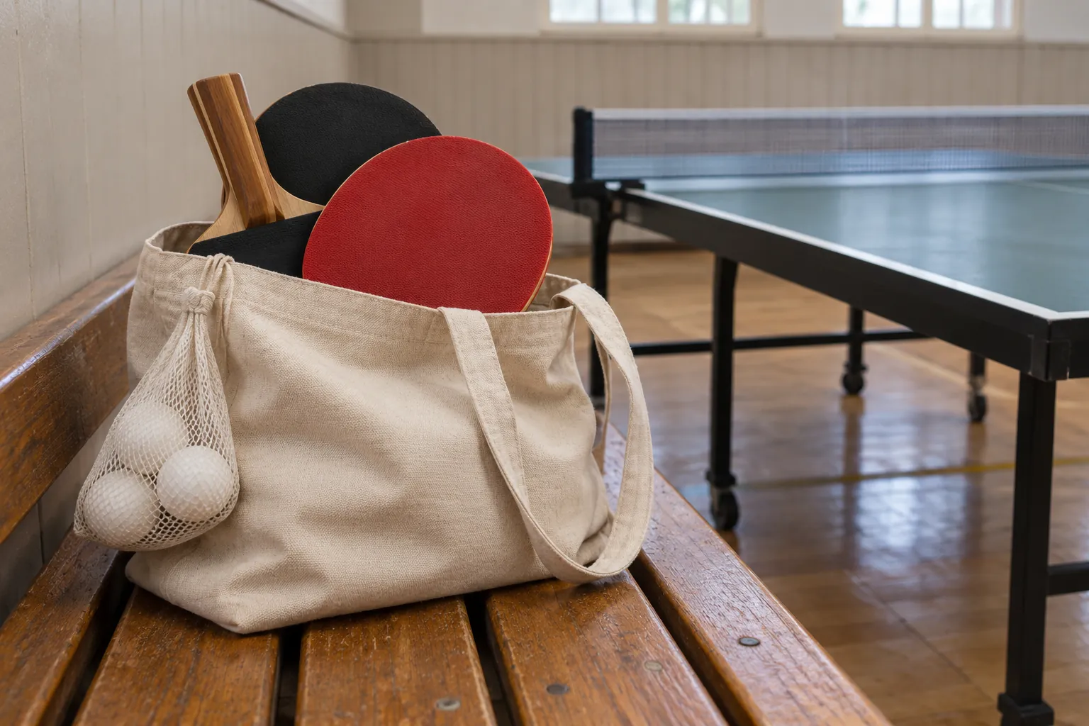 Illustration: Table-tennis paddles and a ball pouch inside a canvas tote.
