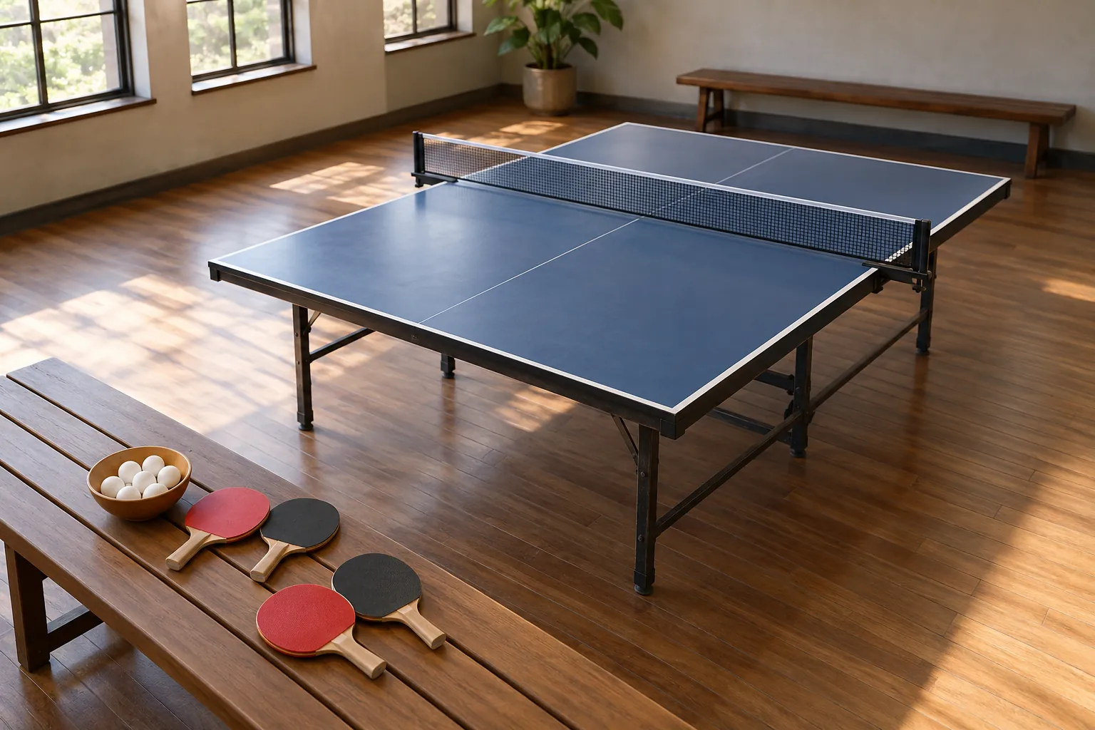 Illustration: Four table-tennis paddles and a bowl of white balls.