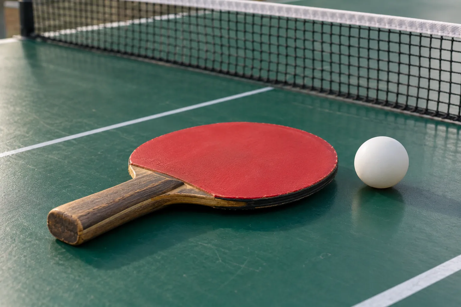 Illustration: A worn wooden paddle handle and white table-tennis ball.