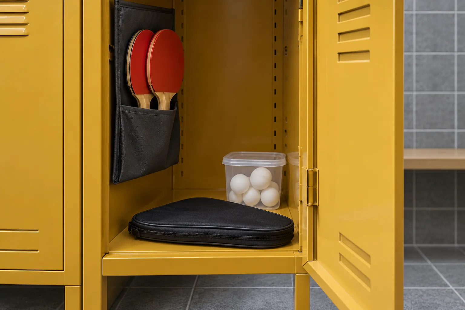 Illustration: Table-tennis bats and balls stored in a yellow locker.