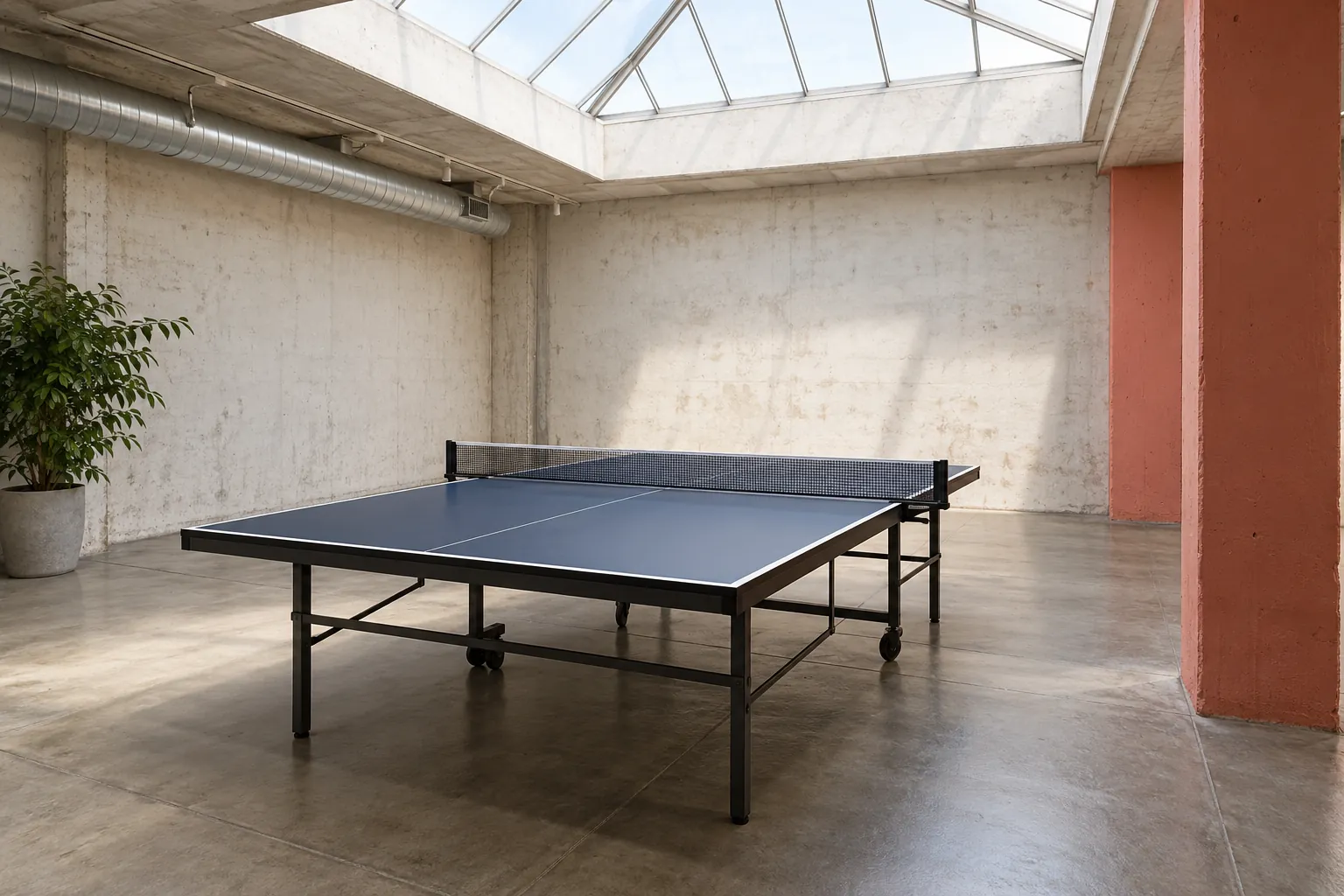Illustration: A table-tennis table beneath an industrial-room skylight.