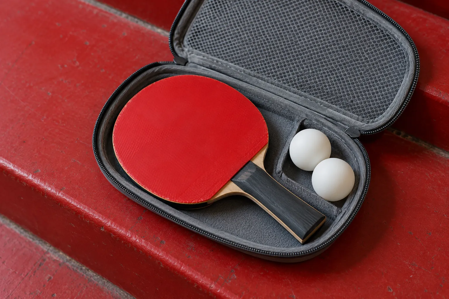 Illustration: An open gray paddle case holds one red-and-black rubber table-tennis paddle and two plain white balls on a red gymnasium step, in a close overhead view.