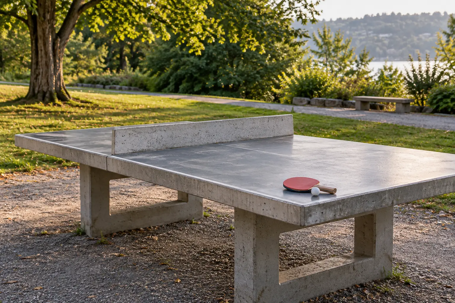 Illustration: An empty regulation-proportioned concrete table-tennis table with a rigid low divider sits in a quiet park, with a plain paddle and white ball on the near corner, shown wide.