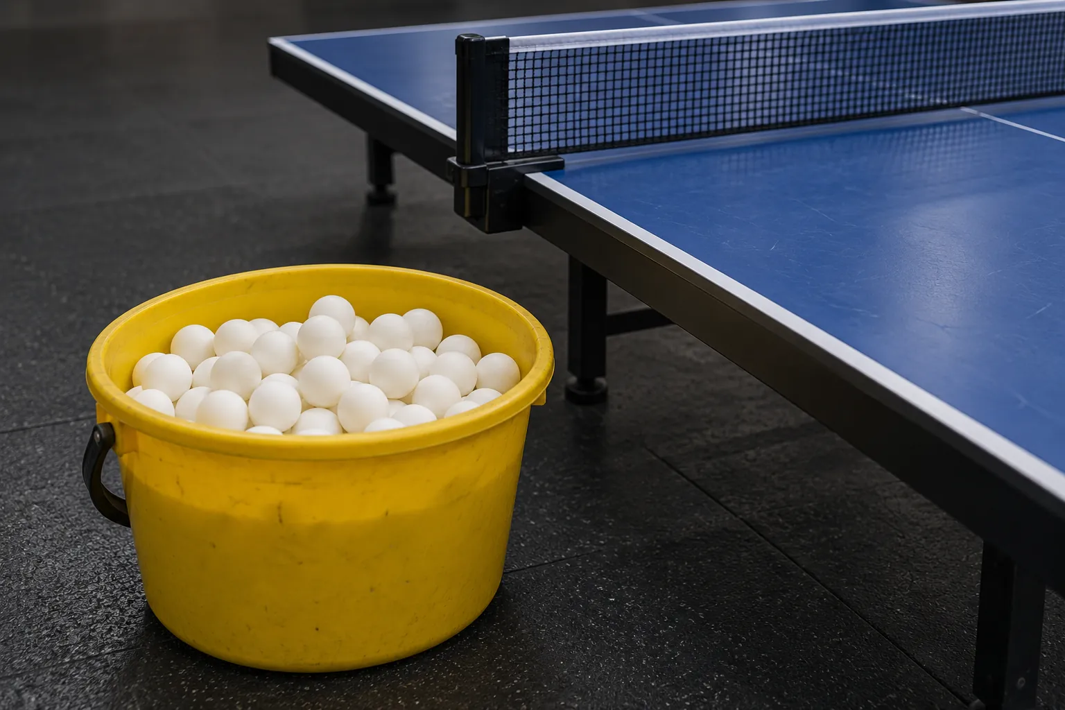 Illustration: Plain white table-tennis balls fill a yellow practice bucket on dark rubber flooring beside the edge of a blue table and its low net, photographed low.