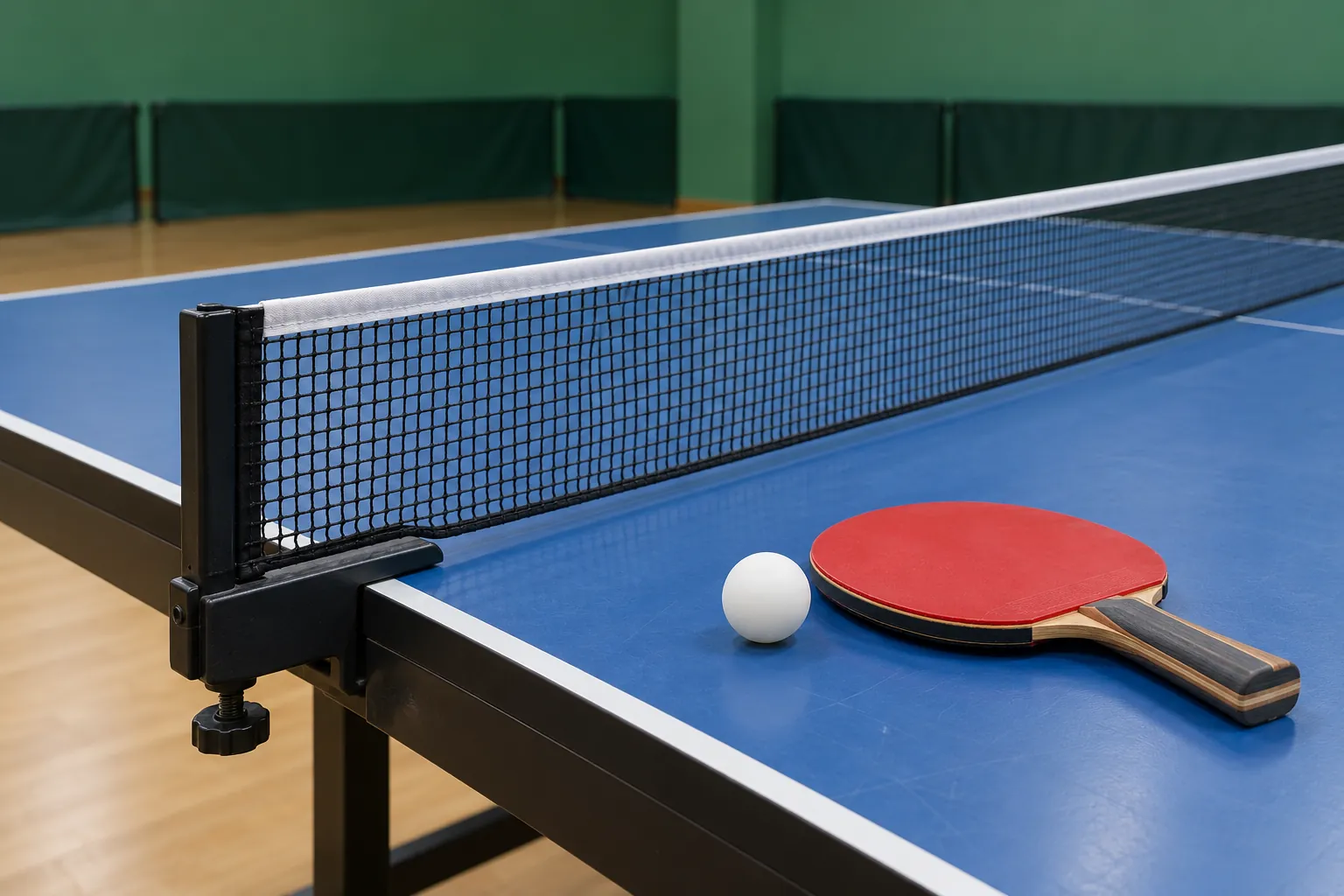 Illustration: A credible clamp supports the low net on a blue table-tennis table, with a plain red paddle and one white ball nearby, shown close with a green hall behind.