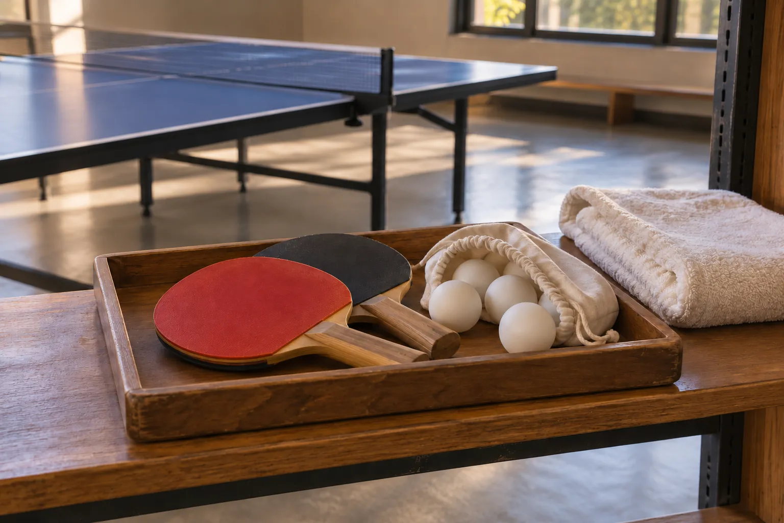 Illustration: Table-tennis paddles and a ball pouch on a recreation shelf.