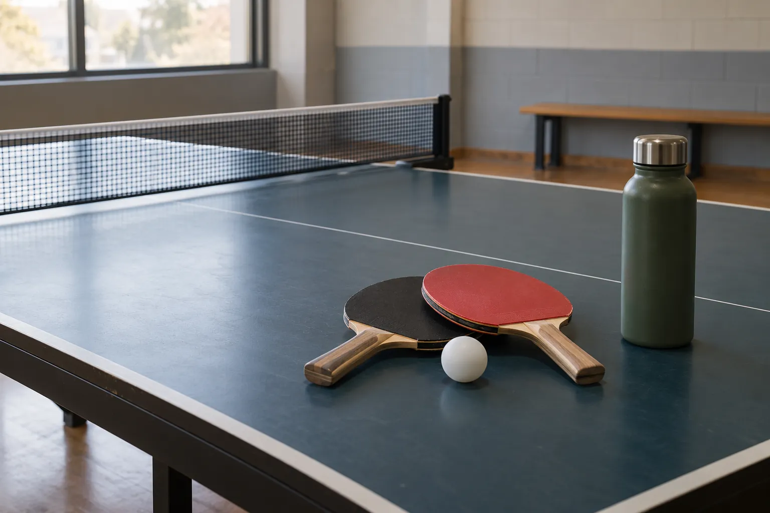 Illustration: A table-tennis paddle, ball and bottle at a table end.