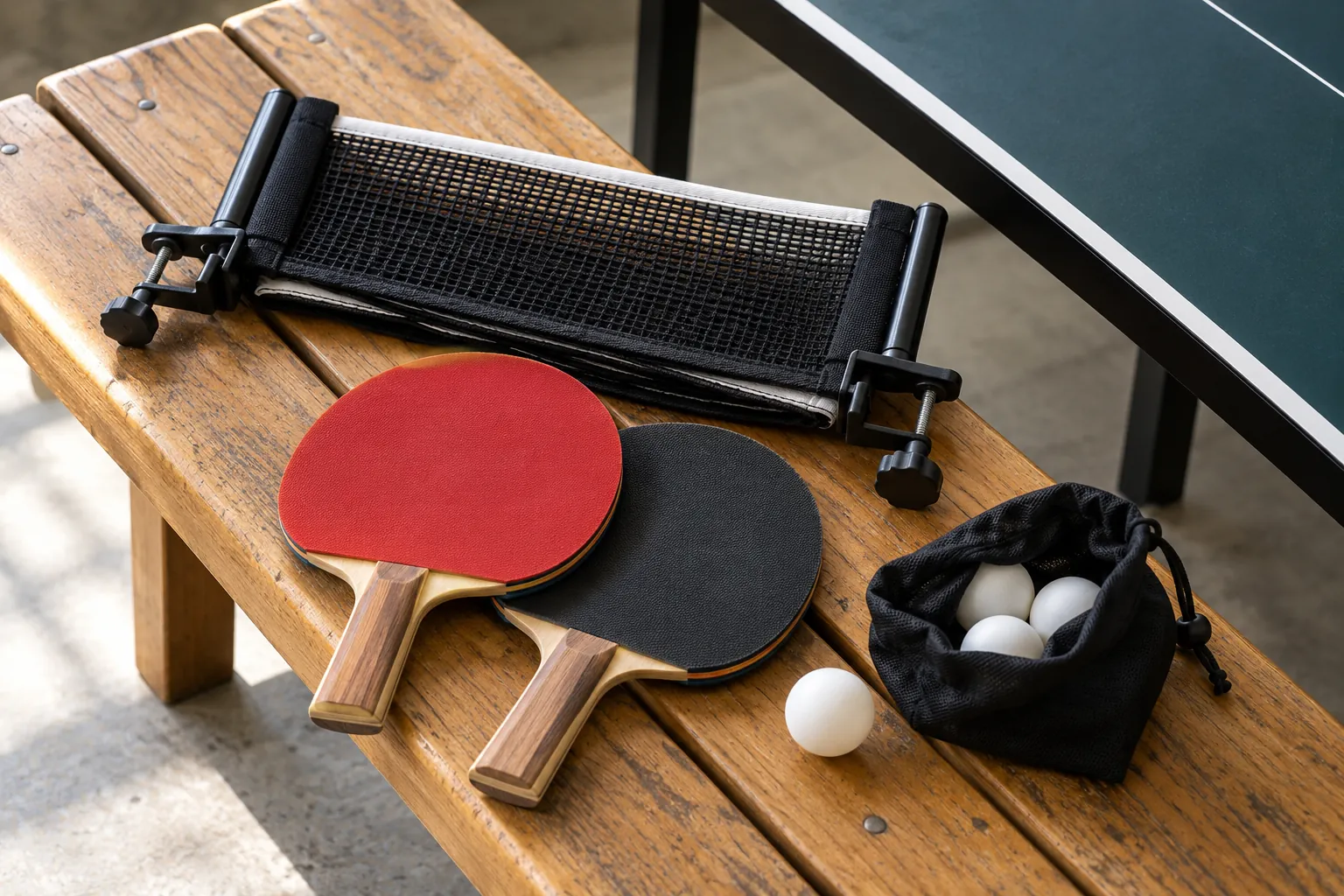 Illustration: A folded table-tennis net with paddles and a ball pouch.