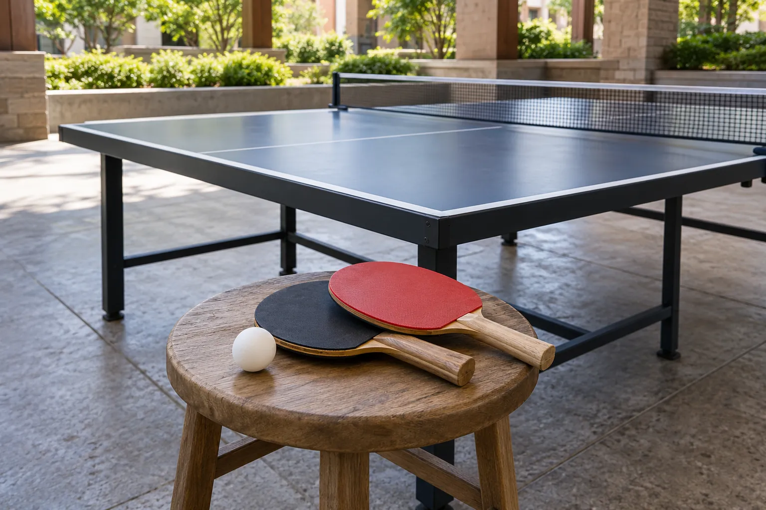 Illustration: Table-tennis paddles on a stool beside a covered courtyard table.