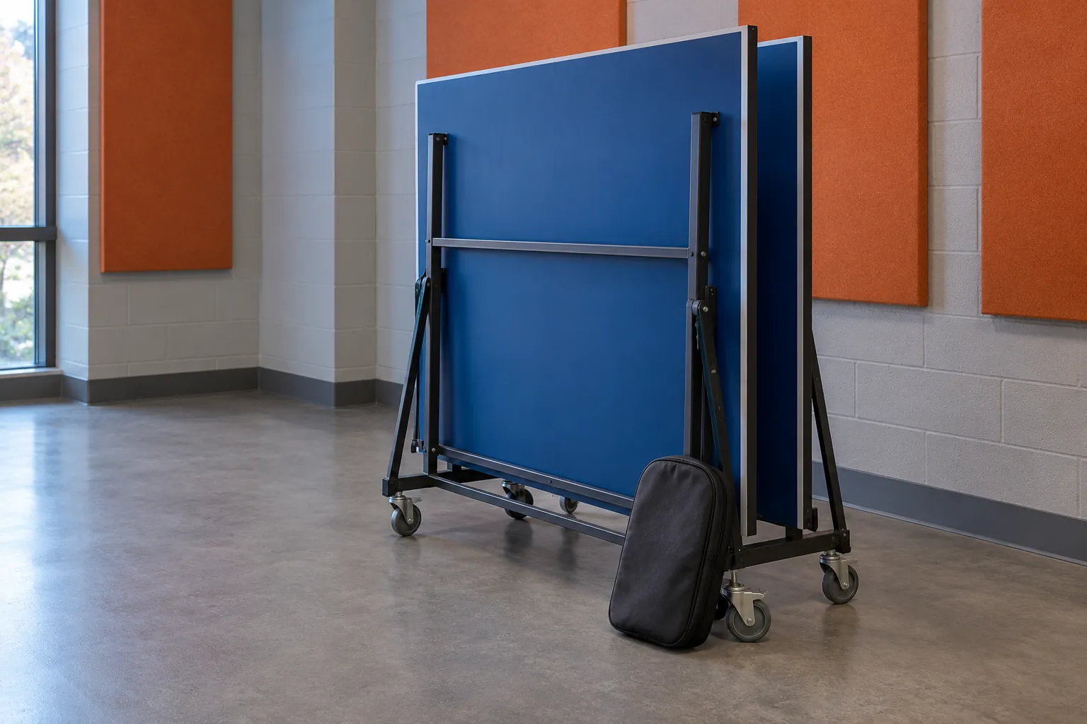 Illustration: An empty blue table-tennis table is folded upright for storage, with a plain paddle bag resting against its wheeled frame.