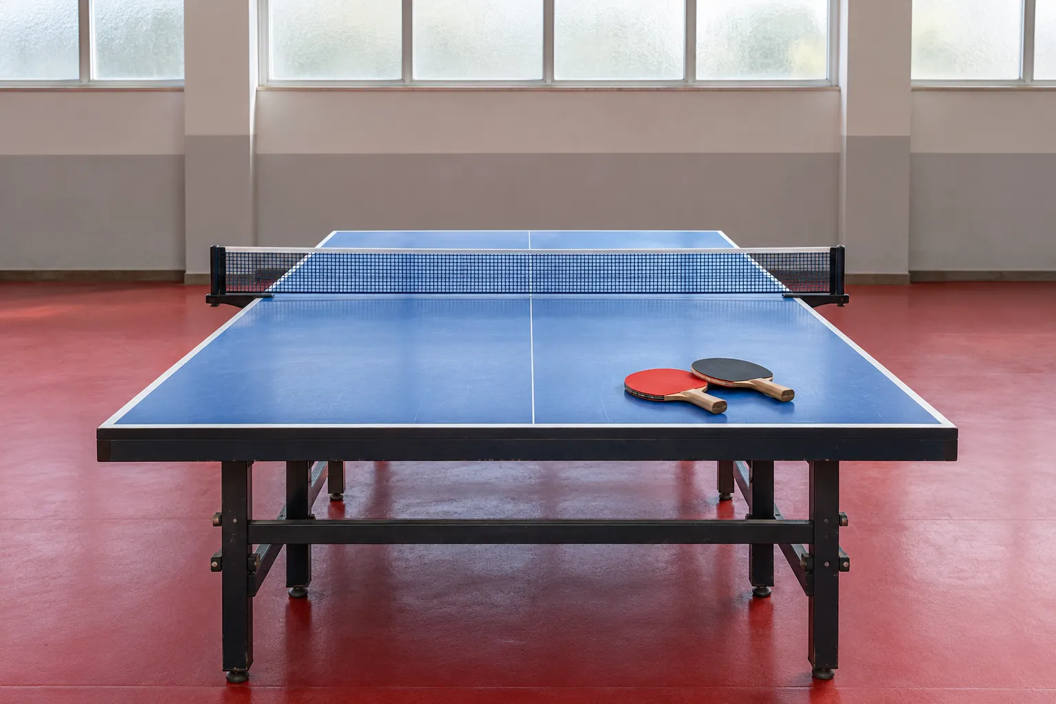 Illustration: A regulation blue table-tennis table with a taut central net stands empty under high frosted windows, with two paddles on its near end.
