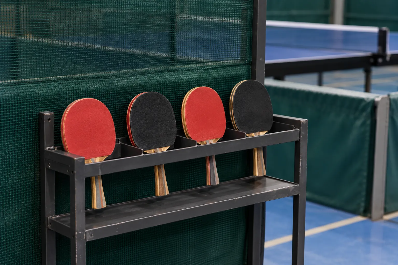 Illustration: Four plain table-tennis paddles with red and black rubber rest in separate slots on a simple metal shelf beside an indoor court divider.