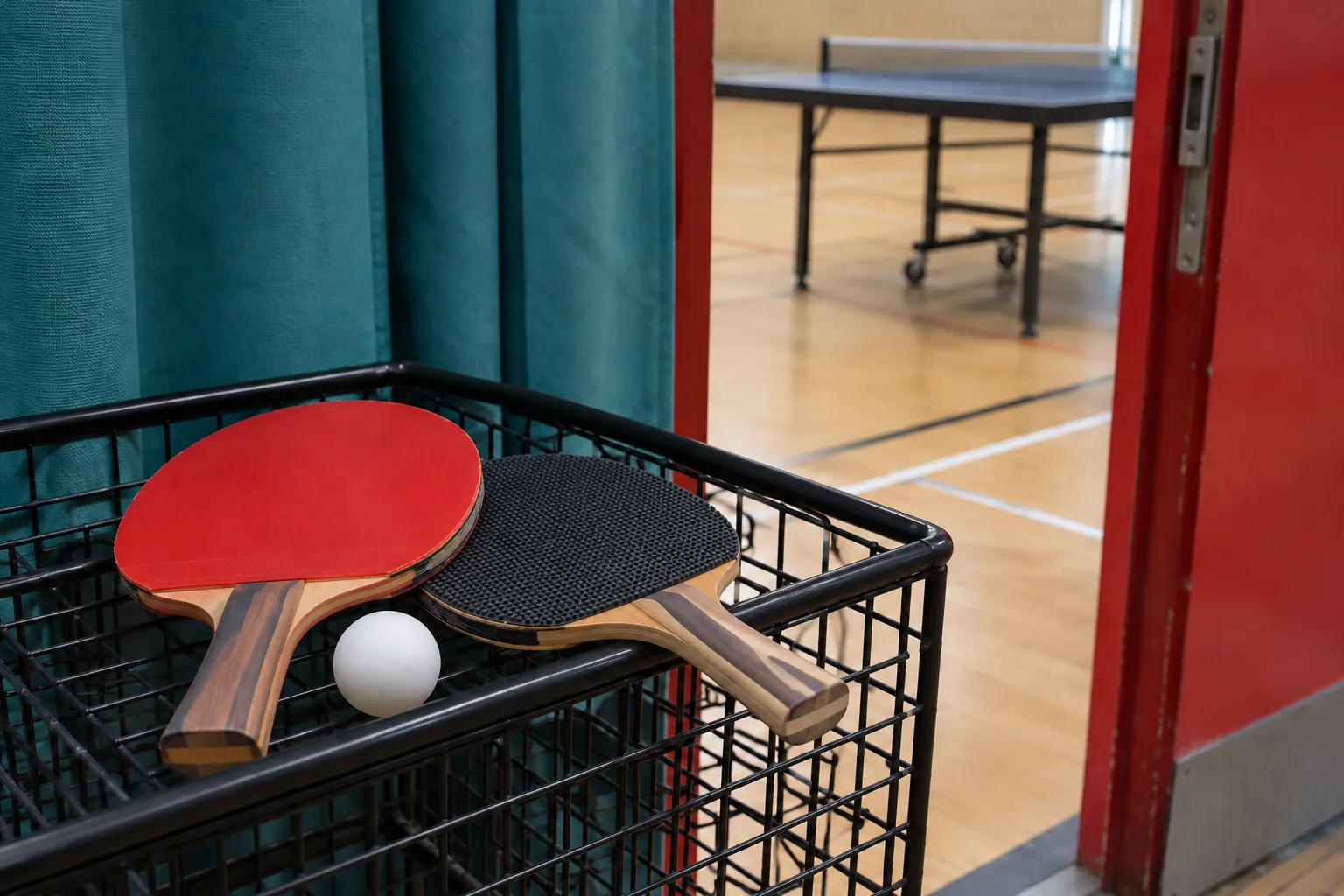 Illustration: Two plain table-tennis paddles and a white ball rest on a black wire basket at an empty hall entrance beside a teal divider curtain.