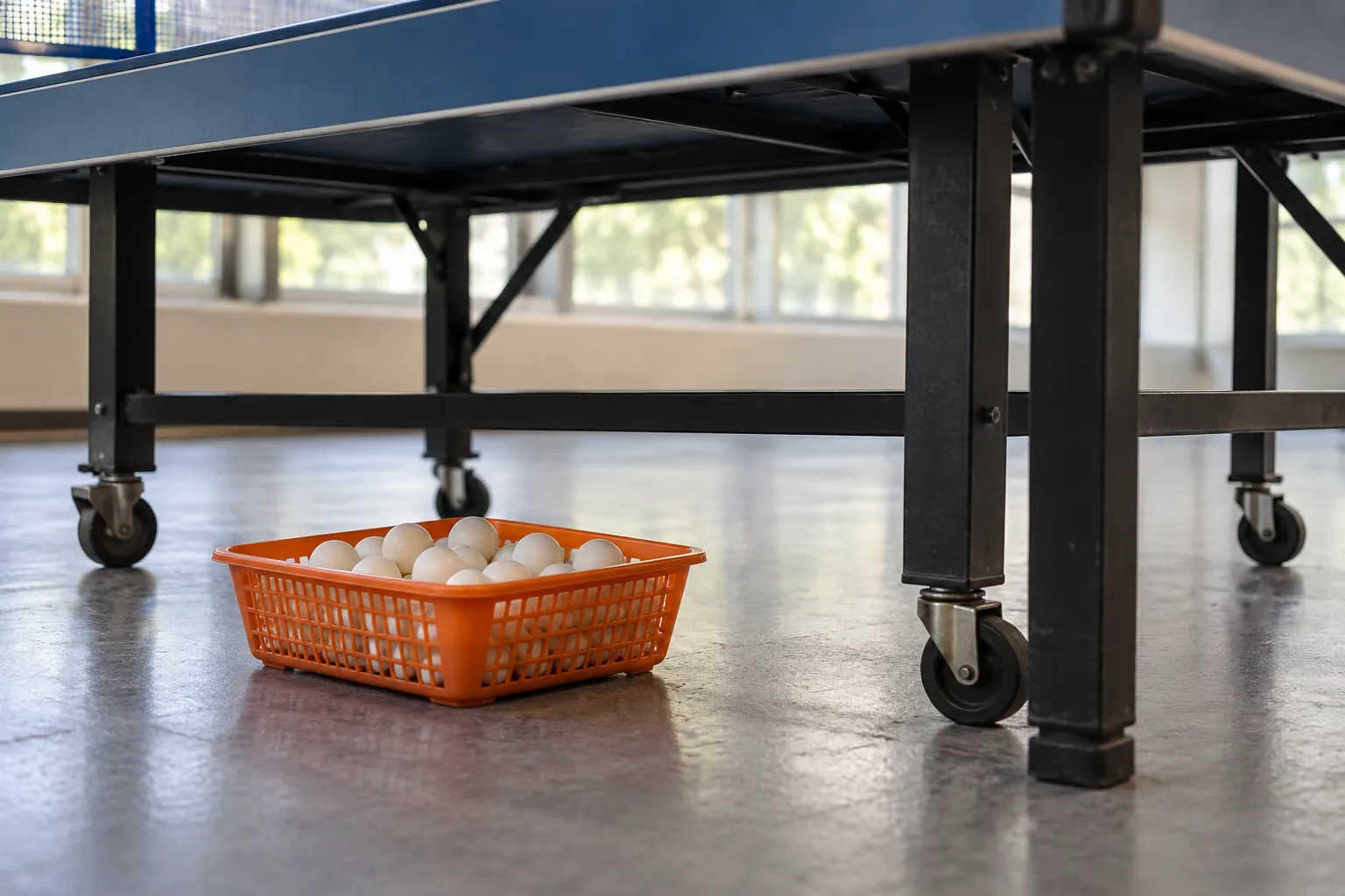Illustration: A shallow orange plastic basket contains white table-tennis balls beneath the end of a blue practice table.