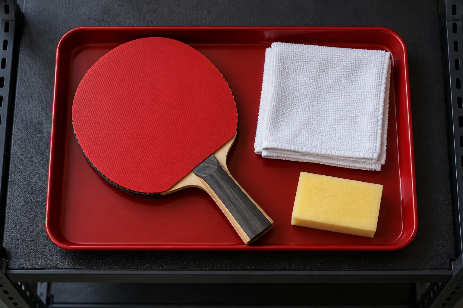 Illustration: A red metal tray holds a plain table-tennis paddle, a clean cloth and a small unmarked cleaning sponge.