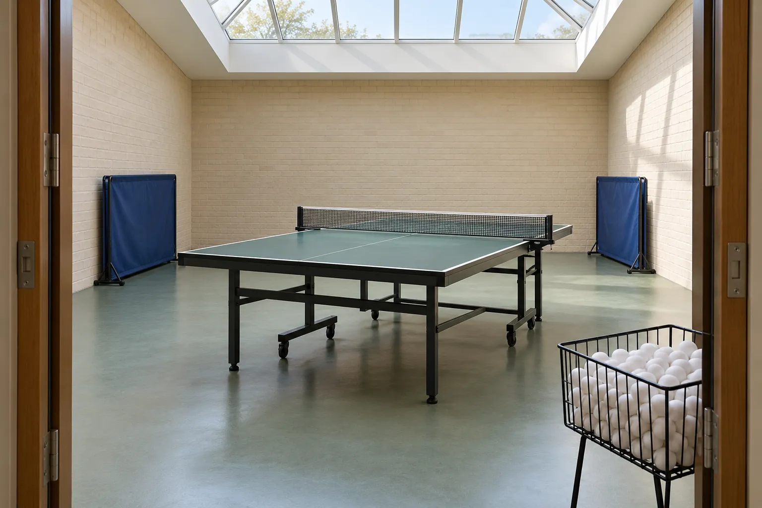 Illustration: An empty recreation room contains one green table-tennis table, neatly folded blue barriers and a wire basket of white balls.