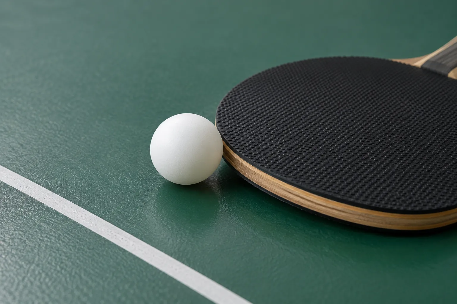 Illustration: A white table-tennis ball sits beside the black rubber face of a plain paddle on a green table surface.