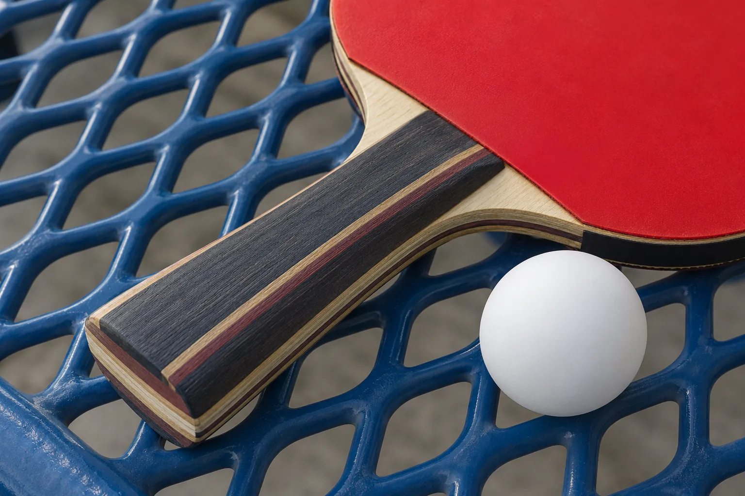 The layered wooden handle of an unbranded table-tennis paddle rests over a blue metal mesh bench beside one white ball.