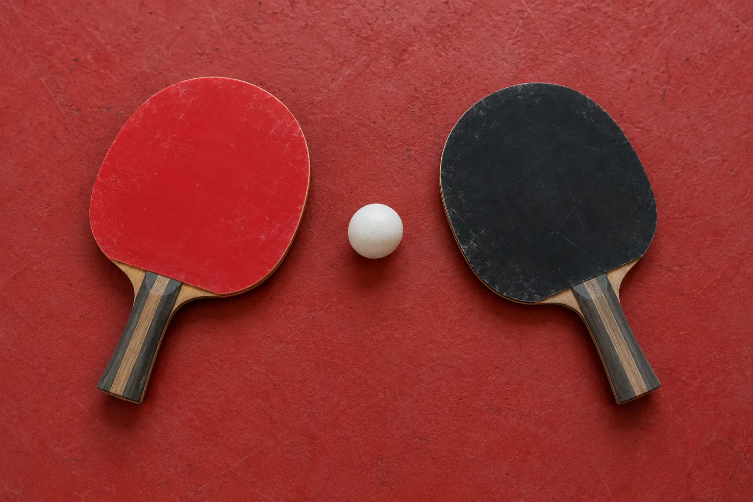 Illustration: Two plain table-tennis paddles, one red face up and one black face up, lie separated by a white ball on red rubber flooring.