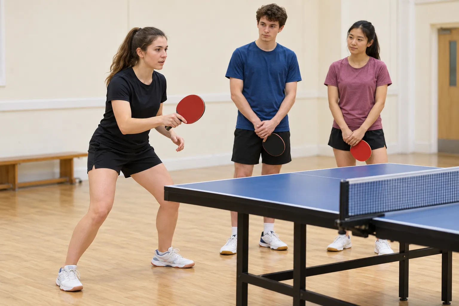Illustration: A young adult demonstrates a table-tennis forehand stance to two peers.